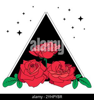 Floral aesthetic composition. Rose bouquet, flowers and leaves, triangle, stars. Stock Vector