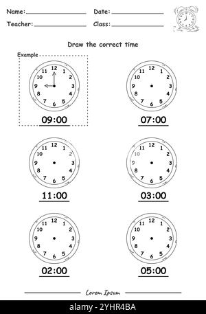 Fun Kids Learning Exercises. Draw The Time. Education Telling Time Worksheet Game for Children Stock Vector