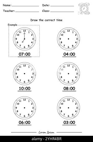 Fun Kids Learning Exercises. Draw The Time. Education Telling Time Worksheet Game for Children Stock Vector