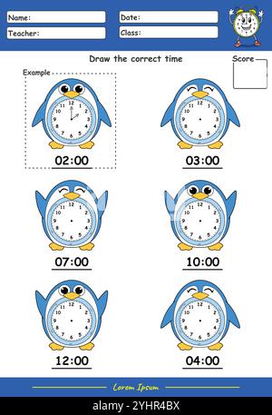 Fun Kids Learning Exercises. Draw The Time with penguin cartoon Stock Vector