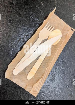 Set of disposable wooden cutlery Stock Photo