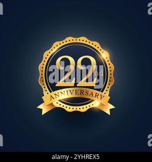 22nd anniversary celebration badge label in golden color Stock Vector