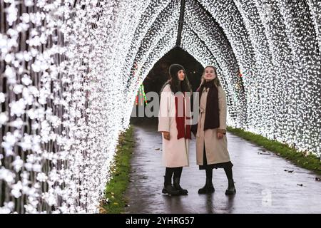 London, UK. 12th Nov, 2024. Models pose in the 'Christmas Cathedral' by Mandylights, an installation that is 39 metres long. Shaped as presents with bows on top, visitors walk through candy coloured ribbons. The annual Christmas at Kew illuminations and light trail at Kew Gardens returns for its 12th year with thousands of dazzling lights, sounds, and immersive experiences along the 3km trail. It will be open from 13th Nov until 5th Jan. Credit: Imageplotter/Alamy Live News Stock Photo