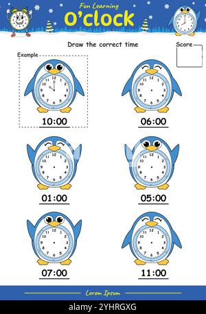 Fun Kids Learning Exercises. Draw The Time with penguin cartoon Stock Vector