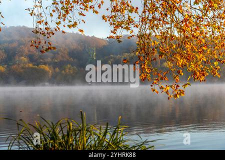 Headframe of the former Carl Funke colliery in Heisingen, autumn atmosphere at Lake Baldeney, Essen, NRW, Germany, Stock Photo