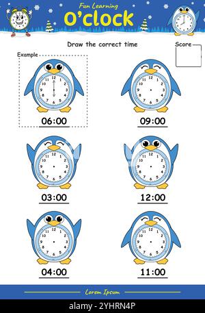 Fun Kids Learning Exercises. Draw The Time with penguin cartoon Stock Vector