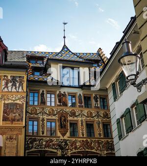 Hotel des Balances in the old town of Lucerne. 12th century building with painted fresco facade on Weinmarkt. Stock Photo