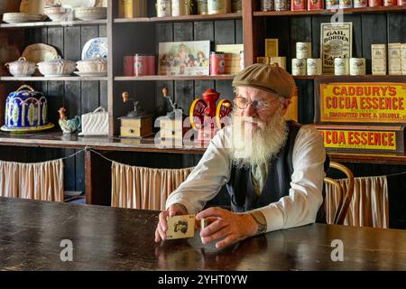 Elderly white bearded man shuffling deck of cards, behind old General Store, counter. Stock Photo