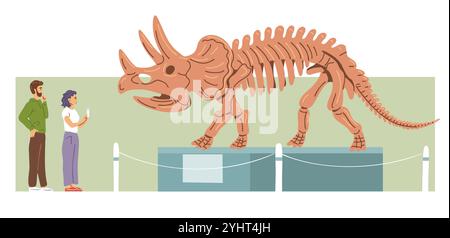 Museum of Paleontology. Triceratops skeleton with horns. People are visitors, tourists. Large prehistoric lizard. Jurassic dinosaur bones. Flat vector Stock Vector