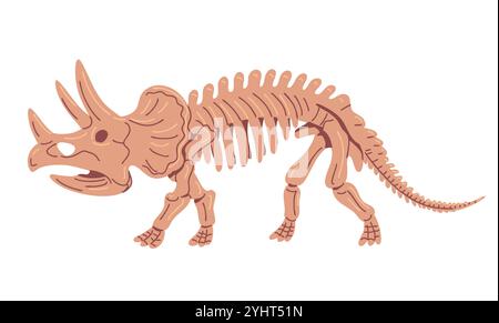 Triceratops skeleton with horns. Large prehistoric lizard. Dinosaur of the Jurassic period. Archeology and paleontology. Bones of an extinct ceratopsi Stock Vector