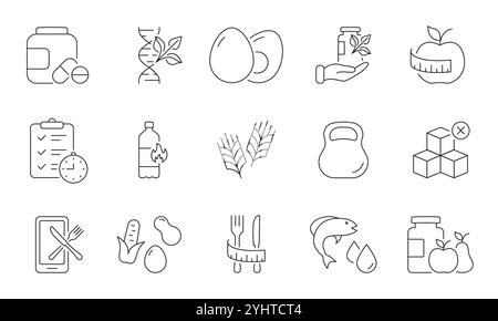 Nutrition and Wellness Line Icon Set for Fitness and Diet Planning. Organic Food and Supplement Symbols for Health and Weight Management. Editable Stock Vector