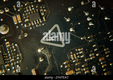 Closeup of an Electronic Circuit Board with a prominent Warning Icon displayed clearly Stock Photo