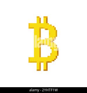 Golden Bitcoin Sign. Pixel Art Style. Digital Currency Icon in Pixelart. Isolated Vector Illustration Stock Vector