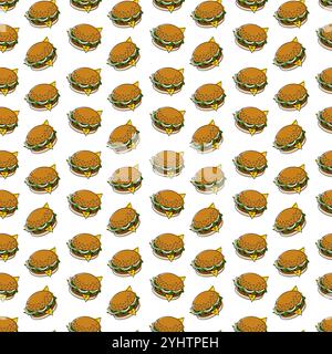 Sesame bun, chees, salad, tomato and onion rings Hamburger Seamless pattern. Fast Food Day wallpaper. Isolated Vector illustration Stickers, icons or cards, poster, leaflets, label, tags, media posts Stock Vector