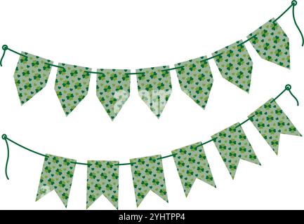 Pennant garlands on rope quatrefoil clover and decorative hearts pattern in trendy monochrome green. St Patrick greeting Set 2 Isolated Vector illustration Card, poster, leaflet, banner or web promo Stock Vector