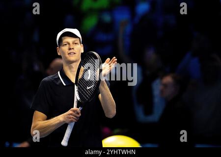 Italy’s Jannik Sinner reacts after beating Carlos Alcaraz of Spain to