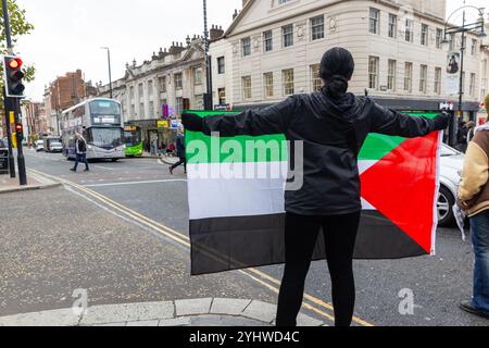 Leeds, UK. 12 NOV, 2024. Lady holds Palestine flag as Youth Demand group block the Headrow in Central Leeds as part of national week of action. The group non-violently disrupted on the road for around 10 minutes, during this time a crowd formed and multiple people attempted to steal or remove their flags and banners, the group carried on and did not respond back, no police were present. Credit Milo Chandler/Alamy Live News Stock Photo