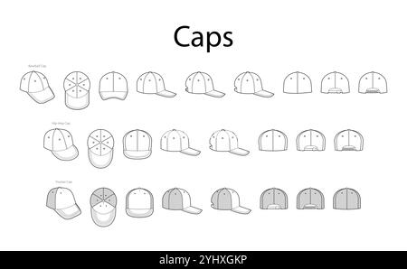 Set of Trucker Baseball Caps - Dad Hip-Hop Deerstalker Outdoor Skate Fitted Five Panel Hat. Head Fashion accessory clothing technical illustration. Vector for Men, women, unisex style, flat template Stock Vector