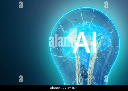 Ai abbreviation and illustration of brain in light bulb against blue gradient background. Space for text Stock Photo