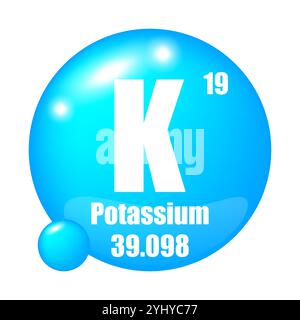 Potassium element. Atomic symbol K. Atomic number nineteen. Mass 39.098. Stock Vector
