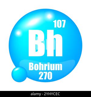 Bohrium icon. Bh chemical element. Atomic number 107. Mass 270. Blue sphere image. Stock Vector