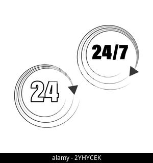 24 hour icon. Continuous service symbol. Time vector graphic. Circular arrow design. Stock Vector
