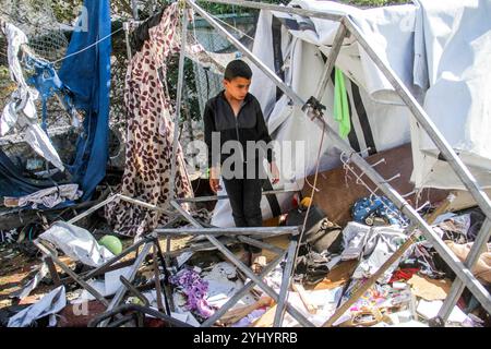 Gaza City, Palestine. 12th Nov, 2024. Palestinians inspect the damage following Israeli bombardment which hit a camp for displaced people from other parts of northern Gaza inside the Al-Jazira Sports Club in Gaza City. Credit: SOPA Images Limited/Alamy Live News Stock Photo