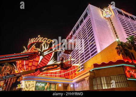 LAS VEGAS, AUGUST 21, 2024: Nighttime maintenance work by Flamingo Las Vegas hotel, with elevated work platforms. Workers performing renovation activi Stock Photo