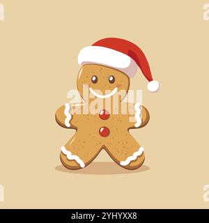 Gingerbread man wearing a Santa hat. Cute cartoon character. Vector illustration Stock Vector