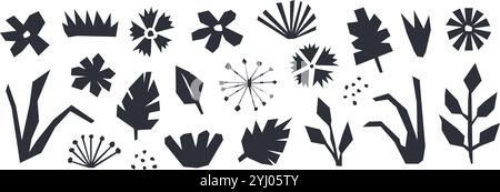 Cut out organic paper elements collection. Black abstract floral collage shape set. Nursery plants, flowers, leaves bundle for decoration, poster, banner, print. Children illustration pack. Vector Stock Vector