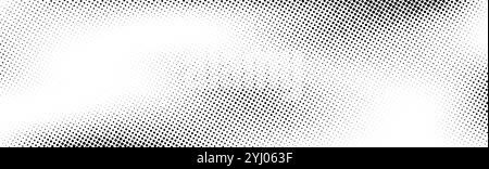 Grunge halftone background. Faded grit noise gradient texture. Black and white sand wallpaper. Wide retro pixelated backdrop. Anime or manga comic style overlay. Halftone gritty frame. Vector Stock Vector