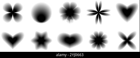 Black smooth blurred gradient form set. Grunge goth blurry aura shape collection. Fading abstract elements for poster, template, badge, sticker, collage. Vector flowers, stars and hearts pack Stock Vector