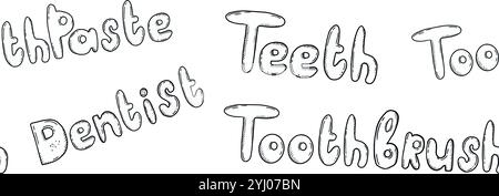 Explore essential components of maintaining good dental hygiene toothpaste, a toothbrush, and regular checkups. Hand drawn vector black-and-white seamless border. Stock Vector