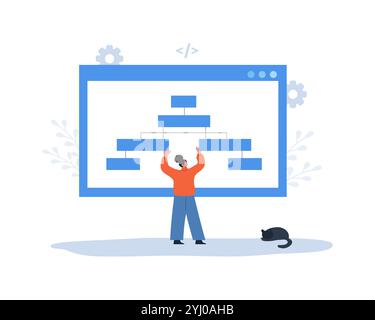 Sitemap Creation concept. Website SEO management. Female Developer organizes site structure. Search optimization. Flowchart UI UX. Vector illustration Stock Vector