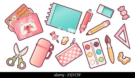 Kawaii school supplies set in pastel colors. Lunch box with food, notebook and scissors, thermos or water bottle and pencil case, paint palette with brush, ruler, pen and pencil. Education stickers. Stock Vector