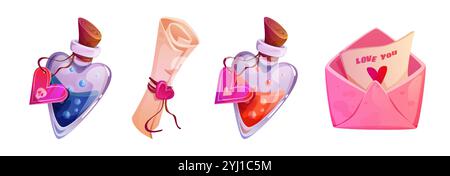 Magical romantic items set - heart shaped potion bottles filled with liquid, sealed parchment scroll tied with ribbon, pink envelope with love message on card. Valentine Day designs or game elements. Stock Vector