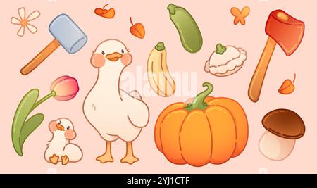 Autumn farm harvest and ducks set isolated on orange background. Contemporary vector cartoon illustration of cute domestic birds, pumpkin, mushroom, yellow leaves, tools, Thanksgiving card pattern Stock Vector