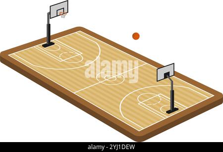 Basketball field court isometric with hoop and ball set vector illustration isolated on white background. Stock Vector