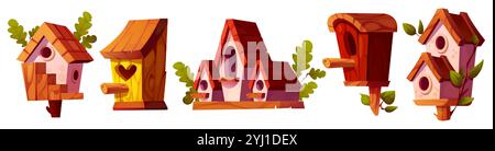 Wooden bird houses set isolated on white background. Vector cartoon illustration of cute handmade huts with round and heart shape holes and roofs, oak tree leaves, garden decoration, animal care Stock Vector