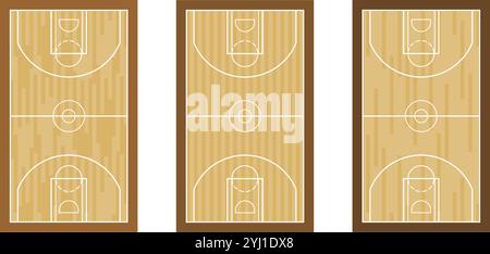 Basketball court floor with with wood texture floors set. Basket ball field playground stadium layout vector illustration isolated on white background Stock Vector