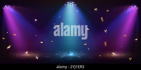 Bright spotlights illuminate dark stage with blue and purple beams. Golden confetti float through luminous rays in festive casino interior. Luxury gaming presentations or entertainment shows. Stock Vector