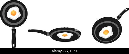 fried egg on frying pan vector set with different view. vector illustration isolated on white background. Stock Vector