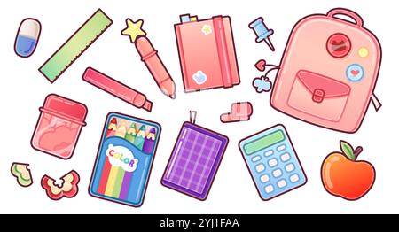 Cute study essentials set - pink backpack with decorative badges, colored pencils, notebook and calculator, ruler, pen and marker, eraser and red apple. Kawaii back to school educational stationery. Stock Vector