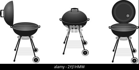 barbecue grill vector set with different view. vector illustration isolated on white background. Stock Vector