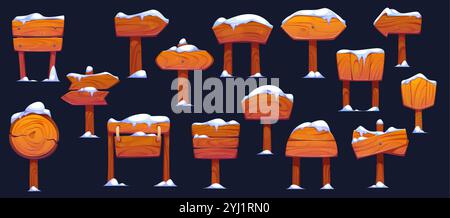 Winter Christmas wooden sign boards with snow. Cartoon vector set of wood signboards covered with snow, round and rectangular billboards, direction arrows, road signages, frames and banners on poles Stock Vector