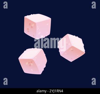 Tropical sugar cubes. Cartoon vector three cubic pieces floating in the air. Essential ingredient for tea, coffee, drinks, food and beverage sweeten. Sweet sugar cubes, dessert or candy Stock Vector