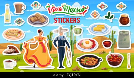 Mexican cuisine and national characters stickers pack. Mexico food, drinks, charro cowboy and woman dancer vector personages. Corn, fajitas, enchiladas and beer, hot chocolate, tamales and mate tea Stock Vector