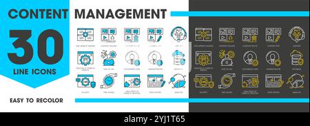 Cms symbols, Content management system icons. Website engine, content upload, edit and delete, support, authorized user and administrator. Database, security or time saving, page editing and analysis Stock Vector