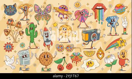 Cartoon retro funny groovy characters of cute flowers, rainbow lips, mushroom, star and planet. Vector personages of piece heart, daisy, cherry and butterfly, happy psychedelic cactus, rocket and cat Stock Vector