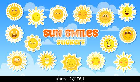 Cartoon funny sun characters stickers pack set on sunny blue sky vector background with clouds. Cute sun characters with happy faces, smiles and hot wavy beams stickers. Sunny summer weather emoji Stock Vector